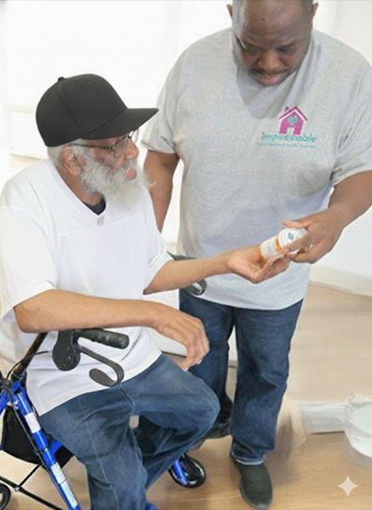 Impeccable Health Services caregiver assisting client with medication management